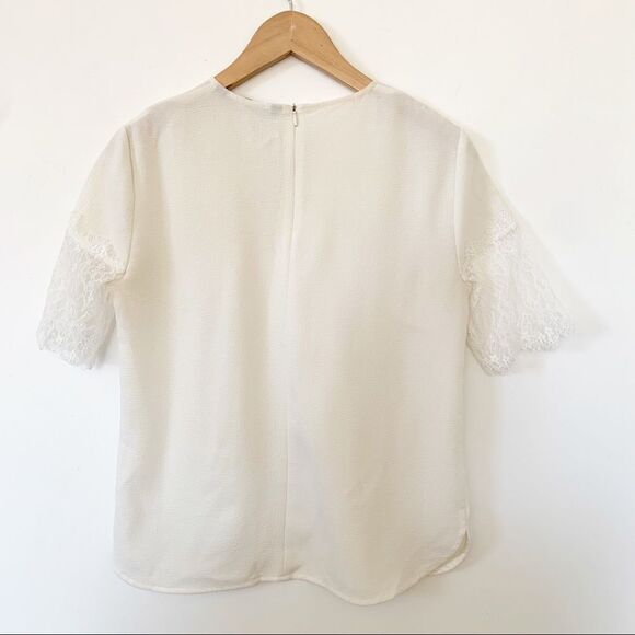 Zara Women Cream Crepe‎ Lace Round Nexk Short Lace Sleeves Blouse - Picture 2 of 6